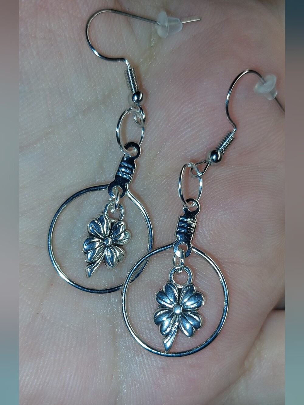 Handmade Silver Floral Hoop Dangle Earrings - Women Jewelry